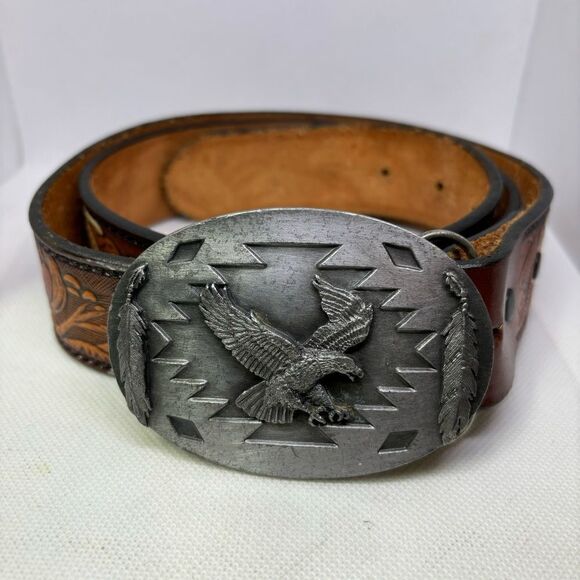 Vintage Arroyo‎ Grande Leather Tooled Belt Buckle Eagle Made In USA Size 38 - Picture 1 of 6